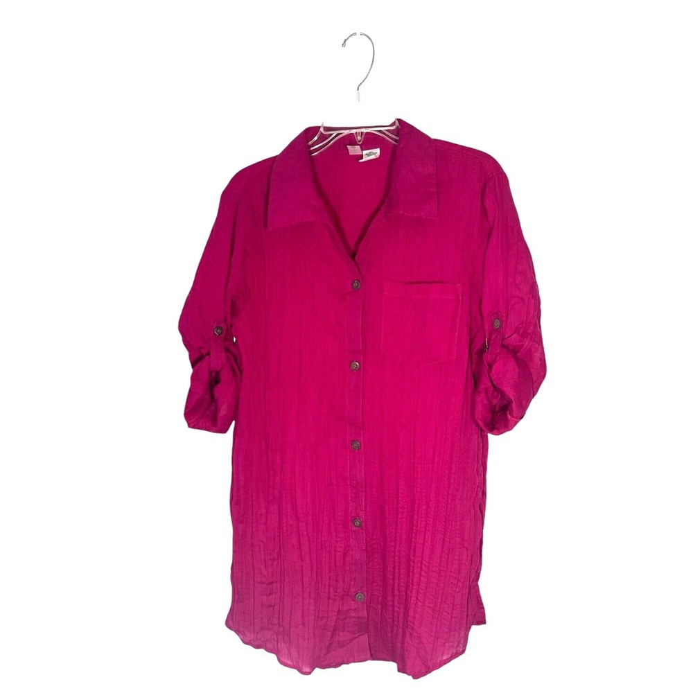 Mynah NWT Women's Roll‎ Up Sleeve Long Sheer Shirt Blouse Fuchsia Size L
